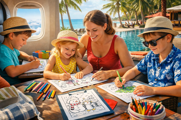 Kids coloring on holiday vacation using printable coloring sheets while traveling and relaxing together