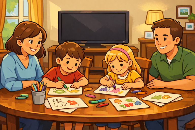 Children drawing with crayons at a dining room table enjoying family time with a turned off TV in the background