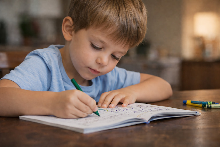 Young child coloring quietly in a workbook indoors, focusing calmly on art