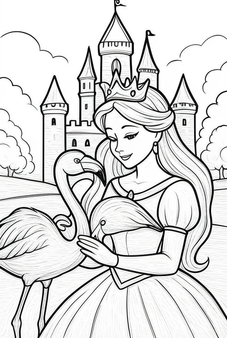 Princess Castle Flamingo Coloring Sheet