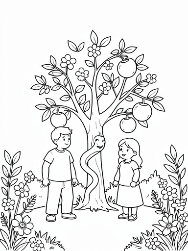 Man and woman beside a fruit tree with serpent coiled on trunk and garden flowers, coloring page