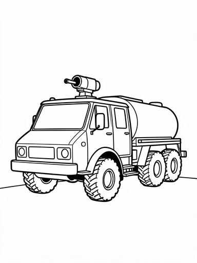 Airport rescue fire truck coloring page showing a crash-rescue truck with a roof water cannon