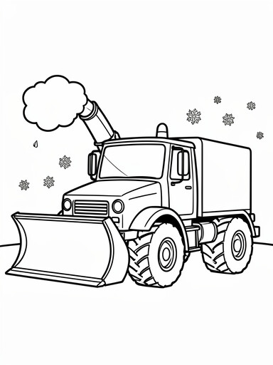 Airport snow blower truck coloring page showing a plow blade and a blower chute throwing snow
