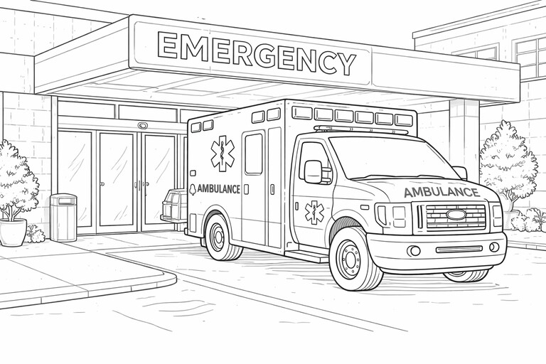 Ambulance at the emergency room coloring page PDF preview
