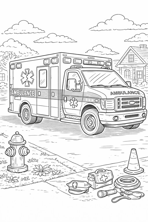Ambulance rushing through the city coloring page PDF preview
