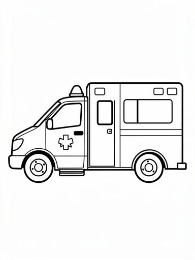 Ambulance side view coloring page showing an EMS van in profile with a roof light bar