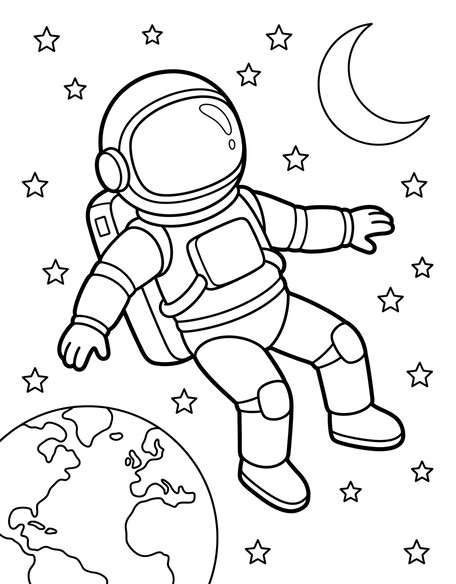 Astronaut floating in space with Earth, crescent moon, and stars coloring page