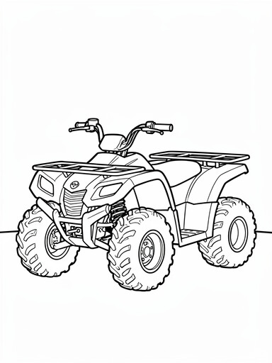 ATV four-wheeler coloring page showing a quad bike with a straddle seat and fat tires