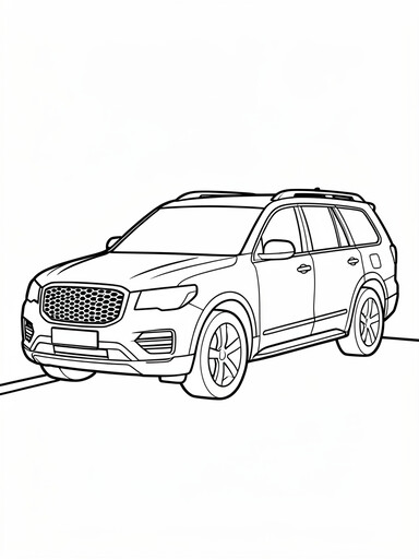 Audi Q7 coloring page showing a three-row luxury SUV with a wide honeycomb-mesh grille and roof rails