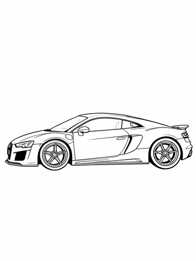Audi R8 V10 supercar in side profile with large air intakes and Sideblades panel coloring page