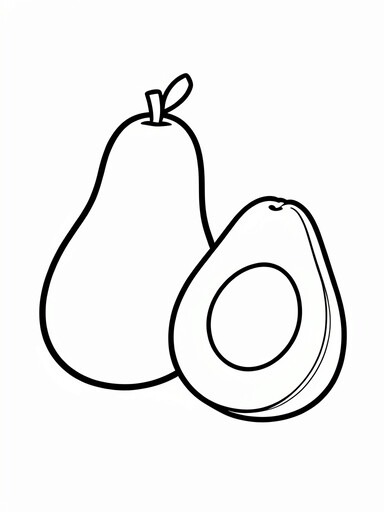 Avocado coloring page showing a whole avocado and a halved avocado with its pit PDF preview