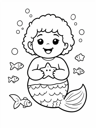 Cute baby mermaid toddler with curly hair holding a starfish with small fish around her coloring page