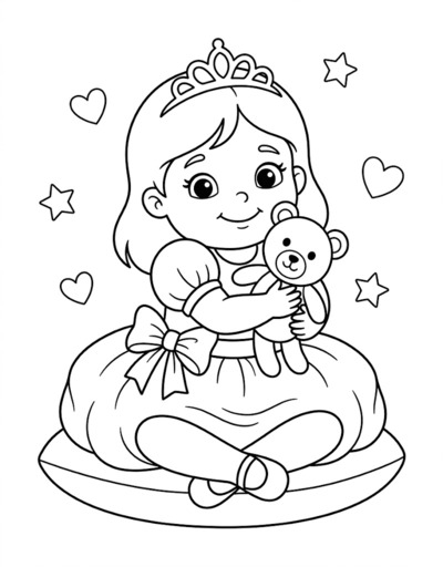 Baby princess toddler sitting with chubby arms raised, poofy ruffled tutu dress, tiny crown, bow, and a soft teddy bear PDF preview