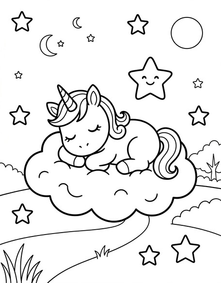 Baby Unicorn on a Cloud with Stars coloring page showing a young unicorn resting on a fluffy cloud PDF preview