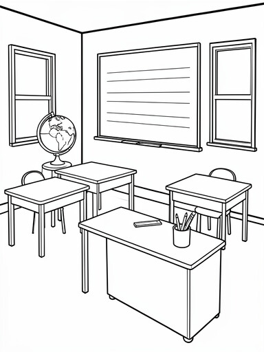 Classroom with student desks, chalkboard, globe, windows, and pencil cup coloring page