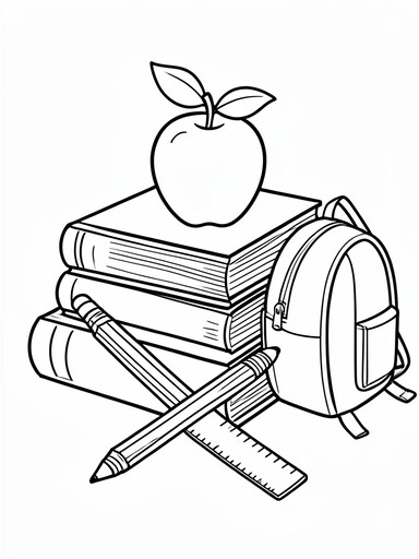 Stack of school books with apple, crossed pencils, ruler, and backpack coloring page