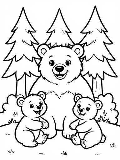 Mother Bear with Two Cubs in the Forest coloring page