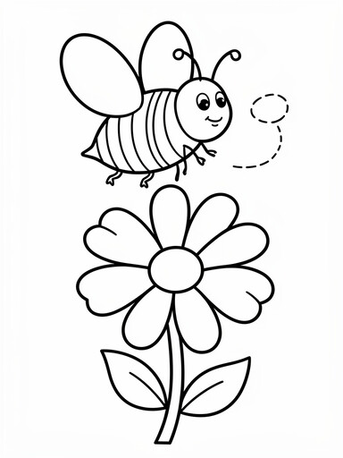Bee coloring page showing a striped honey bee hovering above an open flower with a looping dashed flight path