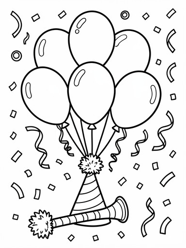 Balloons, Party Hat and Confetti coloring page