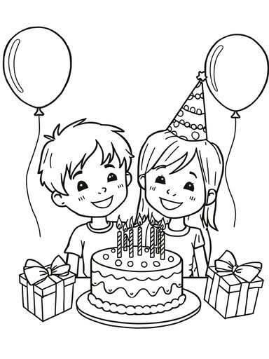 Boy and Girl with a Birthday Cake coloring page