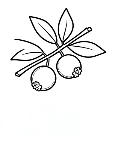 Blueberries coloring page showing two round berries on a leafy branch with blossom end marks