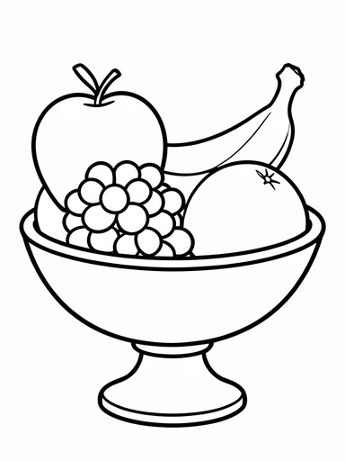 Bowl of fruit coloring page showing an apple, grapes, a banana, and an orange PDF preview