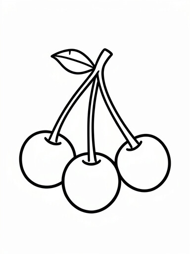Cherries coloring page showing three cherries joined by stems with a leaf PDF preview