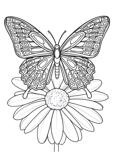 Detailed Butterfly over a Daisy coloring page