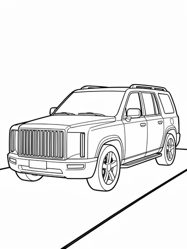 Cadillac Escalade coloring page showing a full-size luxury SUV with a bold vertical-bar grille