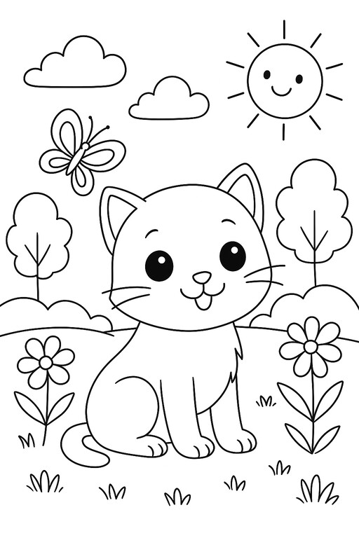 Cat Outdoors with Butterfly, Sun, and Flowers coloring page showing a smiling cat sitting among flowers PDF preview