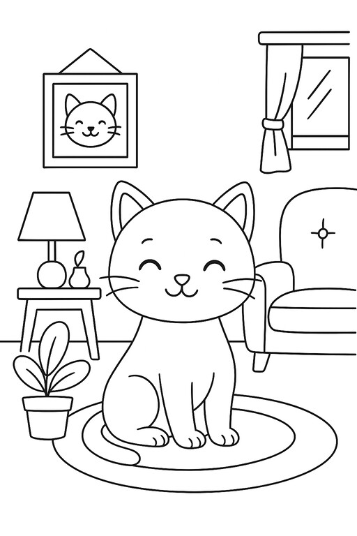 Cat Indoor Furniture coloring page showing a smiling cat sitting on a rug inside a cozy room with a lamp, window PDF preview
