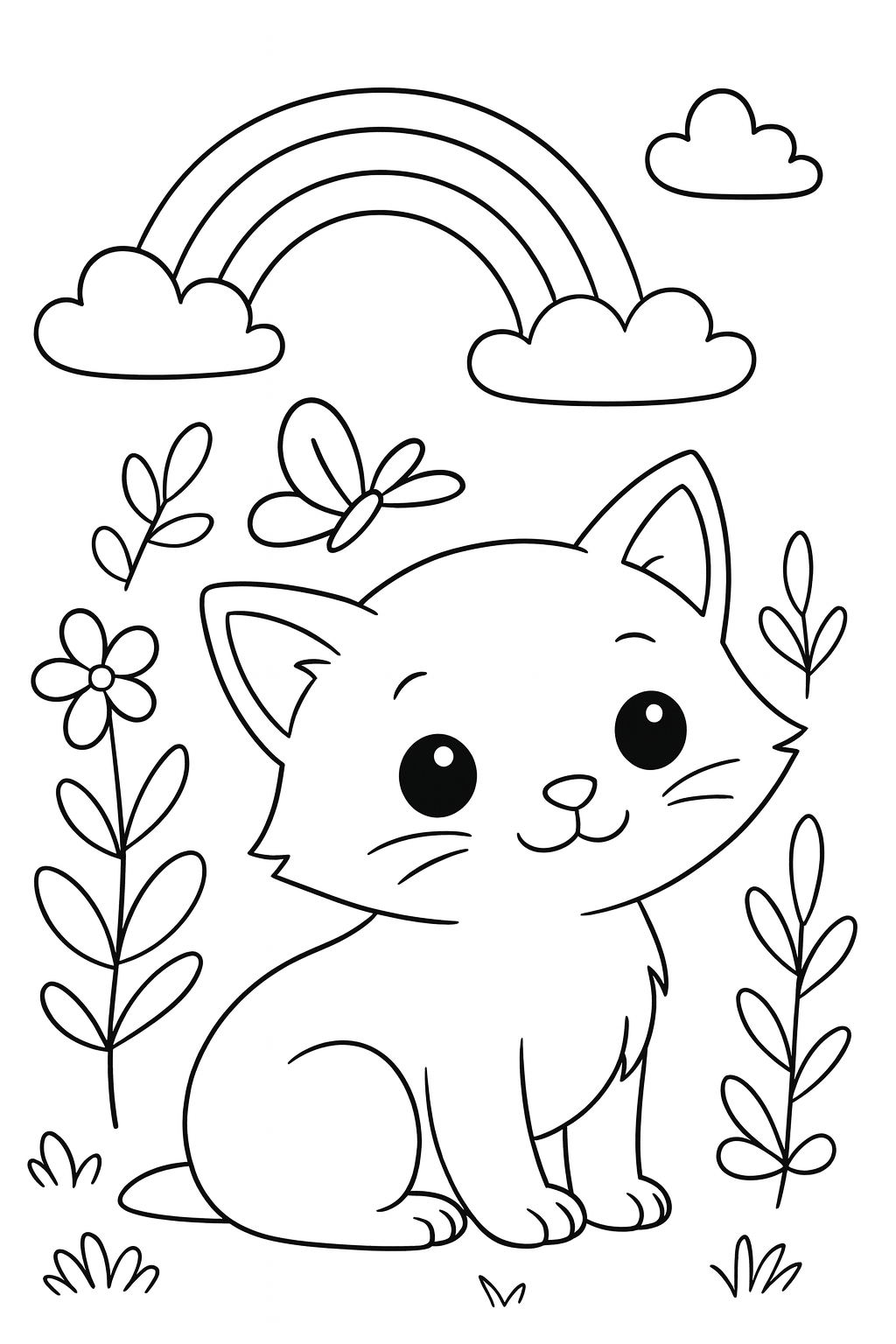 Free Coloring Page: Kitten with Rainbow