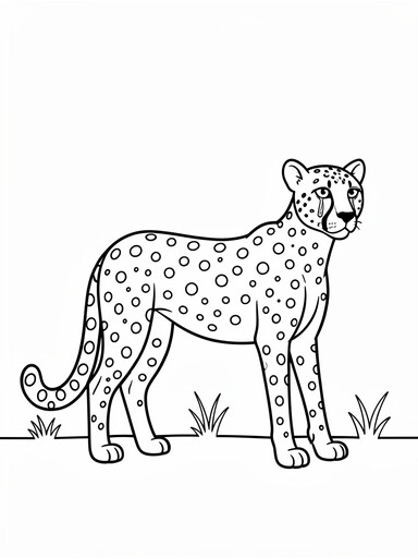 Cheetah coloring page showing a spotted cheetah standing alert on open grassland with a long tail