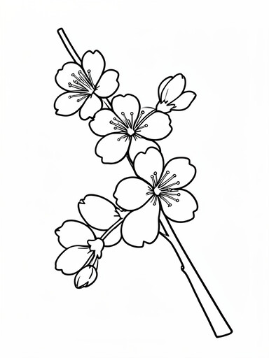 Cherry blossom branch with five open flowers and buds, each with notched petals coloring page