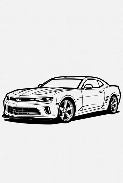 Chevrolet Camaro coloring page showing a muscle coupe with split grille, fastback roof, and five-spoke wheels PDF preview
