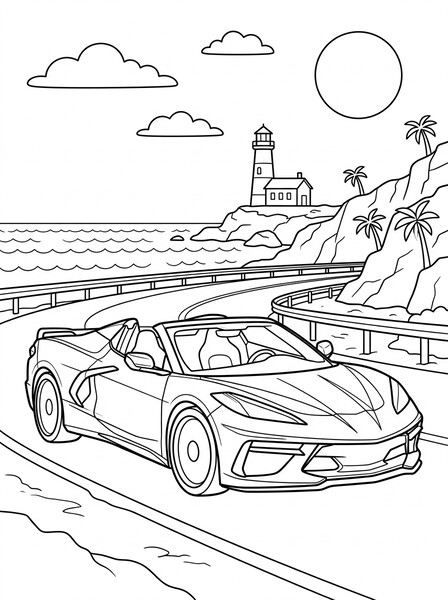 Corvette on a Coastal Road coloring page
