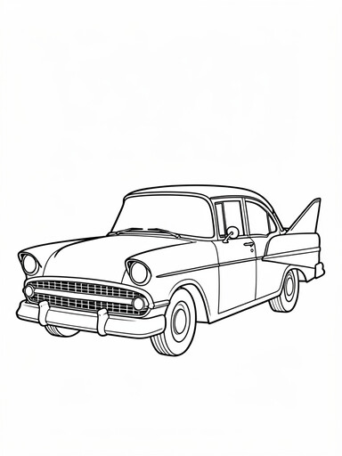 1957 Chevy Bel Air coloring page showing a classic sedan with tailfins and a toothy chrome grille