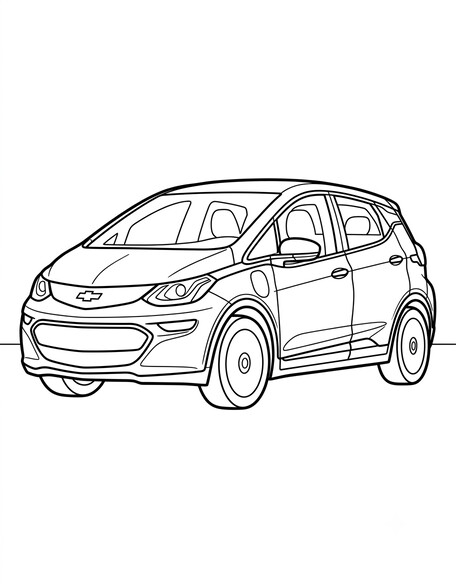 Chevy Bolt EV coloring page showing a compact electric hatchback with a badge-only front panel