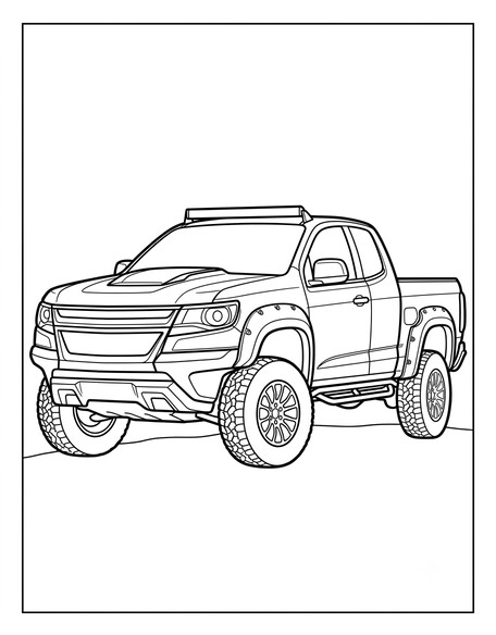 Chevy Colorado ZR2 coloring page showing wide fender flares and tube-style rock rails