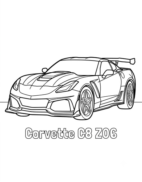 Chevy Corvette Z06 coloring page showing a wide-body supercar with a tall rear wing and quad exhaust tips
