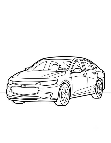 Chevy Malibu coloring page showing a mid-size sedan with a sloped fastback-style roofline