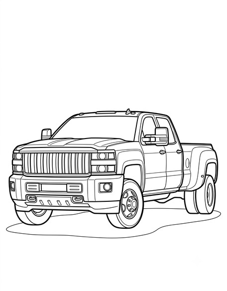Chevy Silverado 2500HD coloring page showing a tall heavy-duty pickup with dual rear wheels