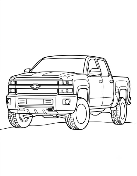 Chevy Silverado Trail Boss coloring page showing a lifted pickup on chunky off-road tires