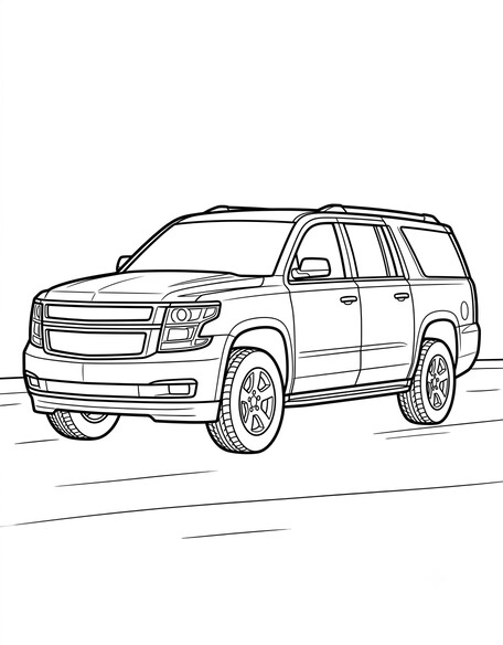 Chevy Suburban coloring page showing an extra-long full-size three-row SUV with roof rails