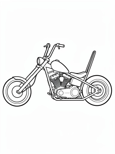 Chopper motorcycle coloring page showing a long raked-out front fork and a tall sissy bar