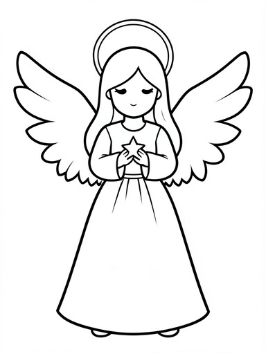 Christmas angel coloring page showing a winged angel holding a star in a flowing gown