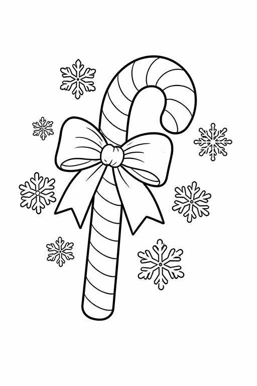 Christmas Candy Cane and Snowflakes coloring page showing a large candy cane surrounded by falling snowflakes PDF preview
