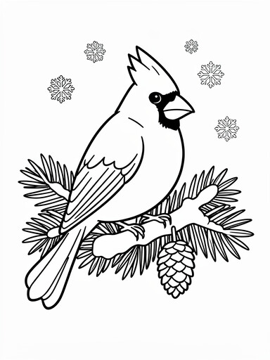 Christmas cardinal coloring page showing a crested cardinal on a snowy pine branch beside a pinecone
