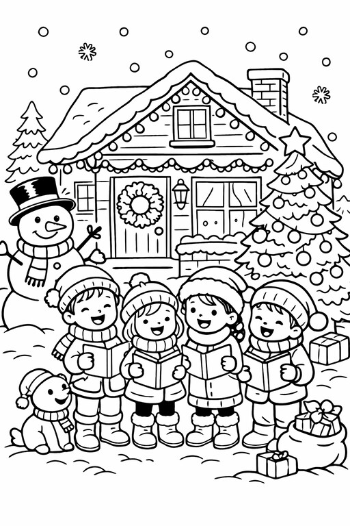 Christmas Carolers at a Decorated House coloring page showing singers standing outside a home covered in holiday PDF preview