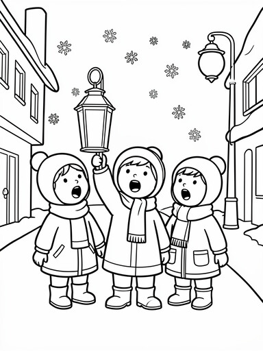 Christmas caroling coloring page showing children singing by lantern light on a snowy lane
